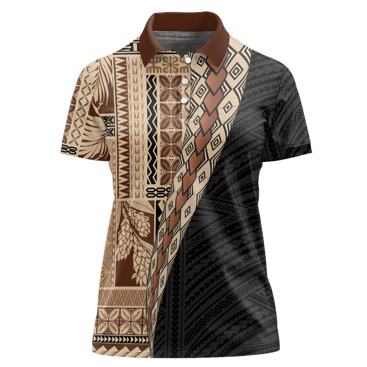 Samoa Siapo Motif Half Style Women Polo Shirt Brown Version LT03 Female Brown - Polynesian Pride