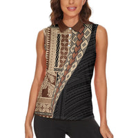 Samoa Siapo Motif Half Style Women Sleeveless Polo Shirt Brown Version LT03 - Polynesian Pride