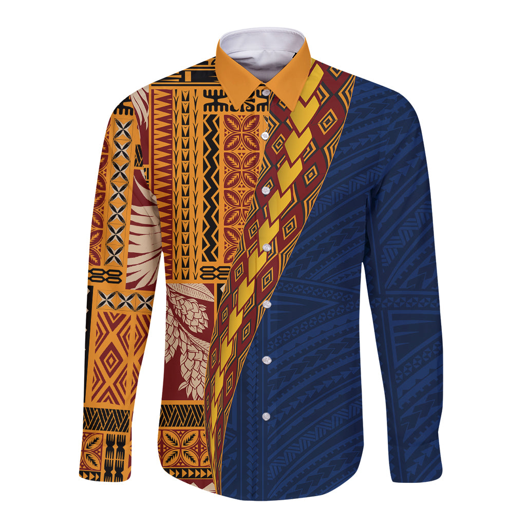 Samoa Siapo Motif Half Style Long Sleeve Button Shirt Colorful Version LT03 Unisex Yellow - Polynesian Pride