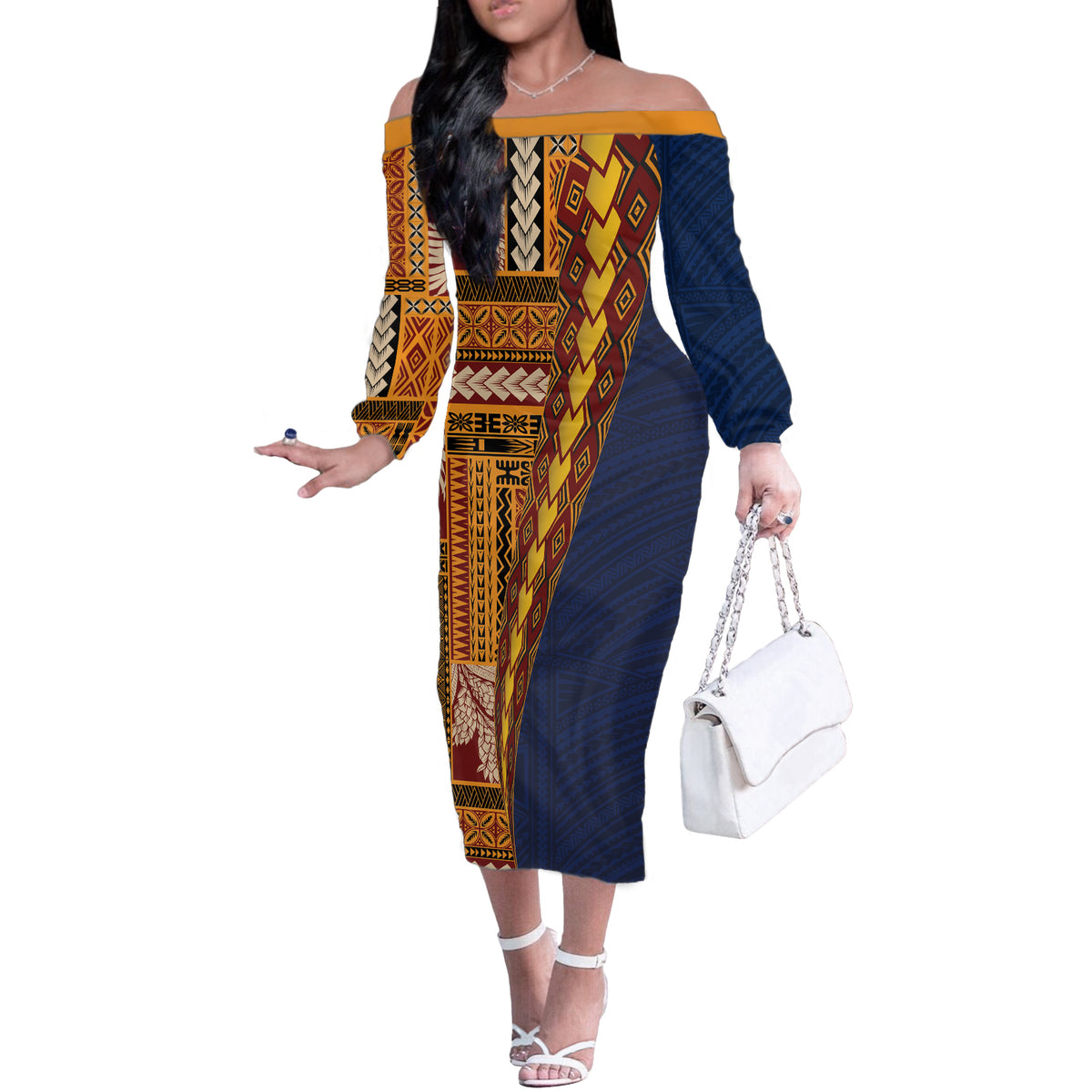 Samoa Siapo Motif Half Style Off The Shoulder Long Sleeve Dress Colorful Version LT03 Women Yellow - Polynesian Pride