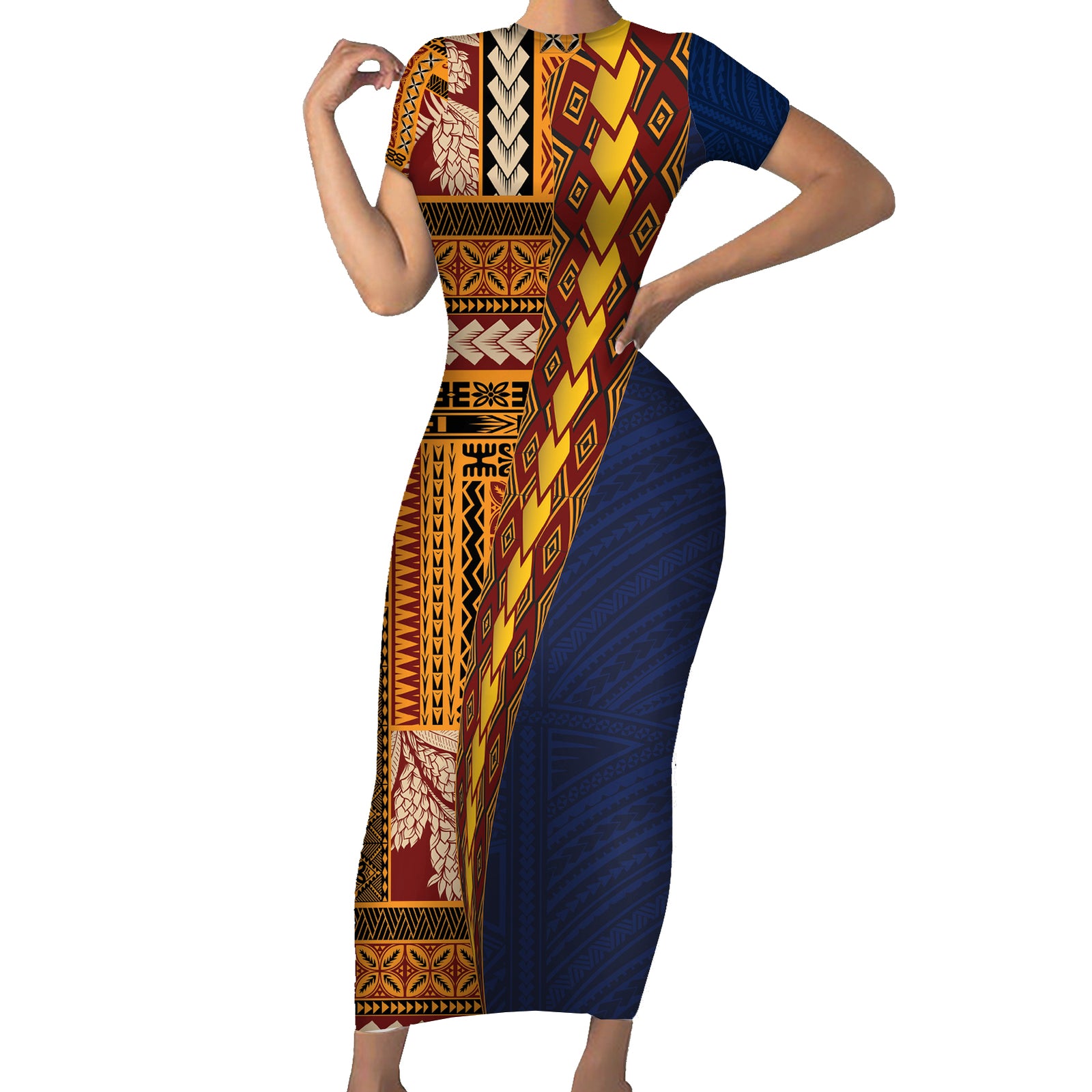 Samoa Siapo Motif Half Style Short Sleeve Bodycon Dress Colorful Version LT03 Long Dress Yellow - Polynesian Pride