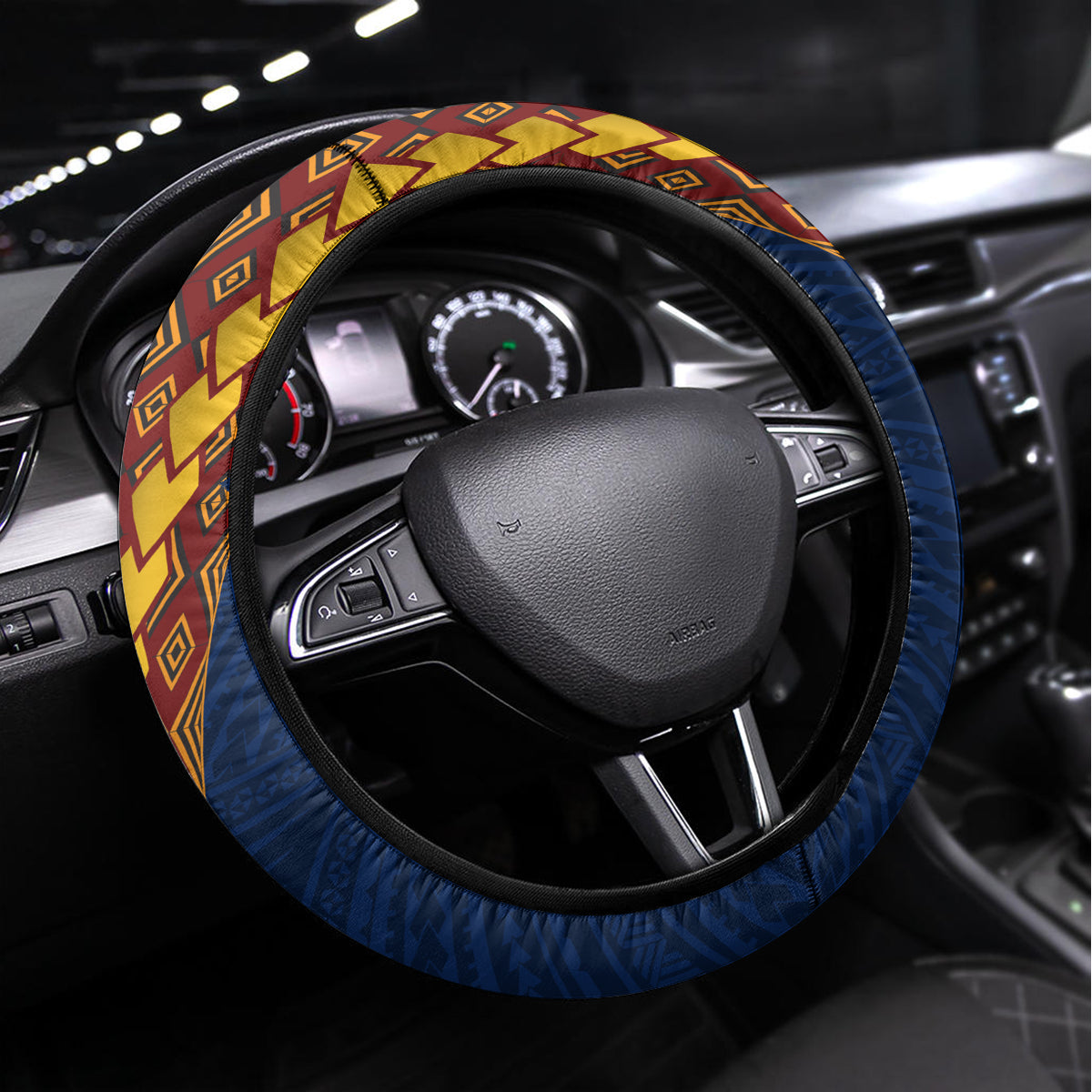 Samoa Siapo Motif Half Style Steering Wheel Cover Colorful Version LT03 Universal Fit Yellow - Polynesian Pride