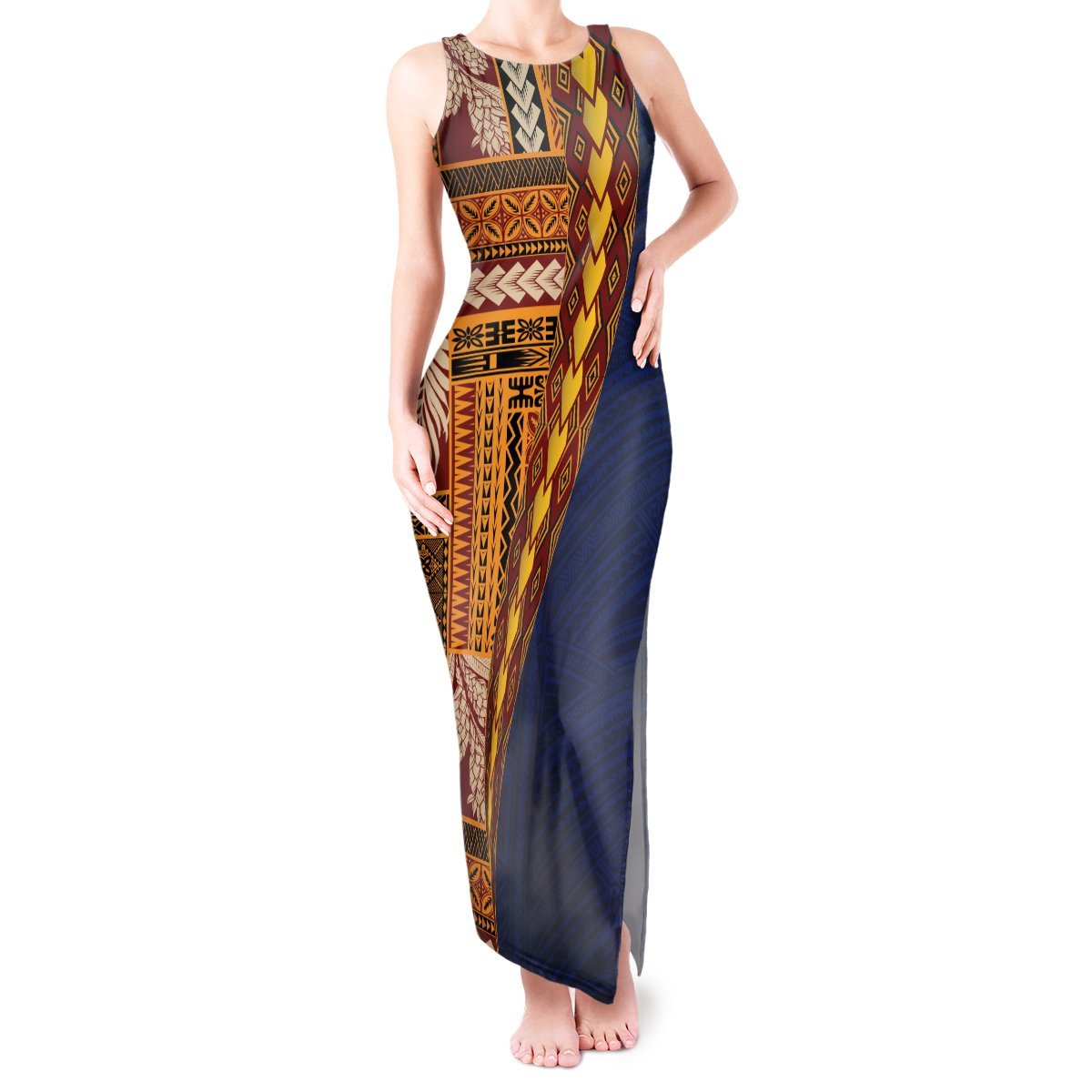 Samoa Siapo Motif Half Style Tank Maxi Dress Colorful Version LT03 Women Yellow - Polynesian Pride