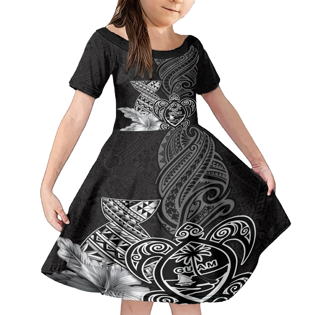 Guam Latte Stone Chamorro Culture Kid Short Sleeve Dress Tapa Pattern LT03 KID Black - Polynesian Pride