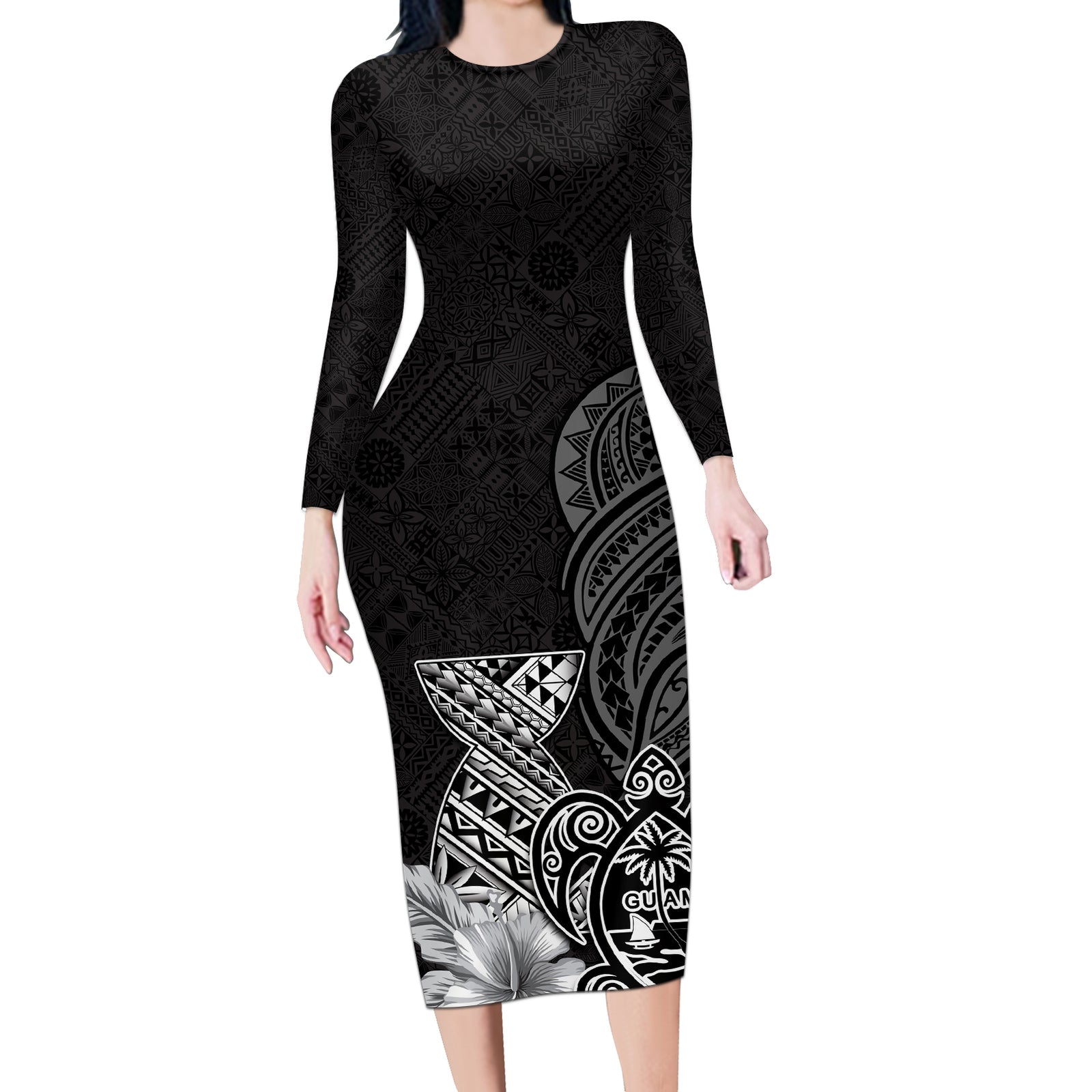 Guam Latte Stone Chamorro Culture Long Sleeve Bodycon Dress Tapa Pattern LT03 Long Dress Black - Polynesian Pride