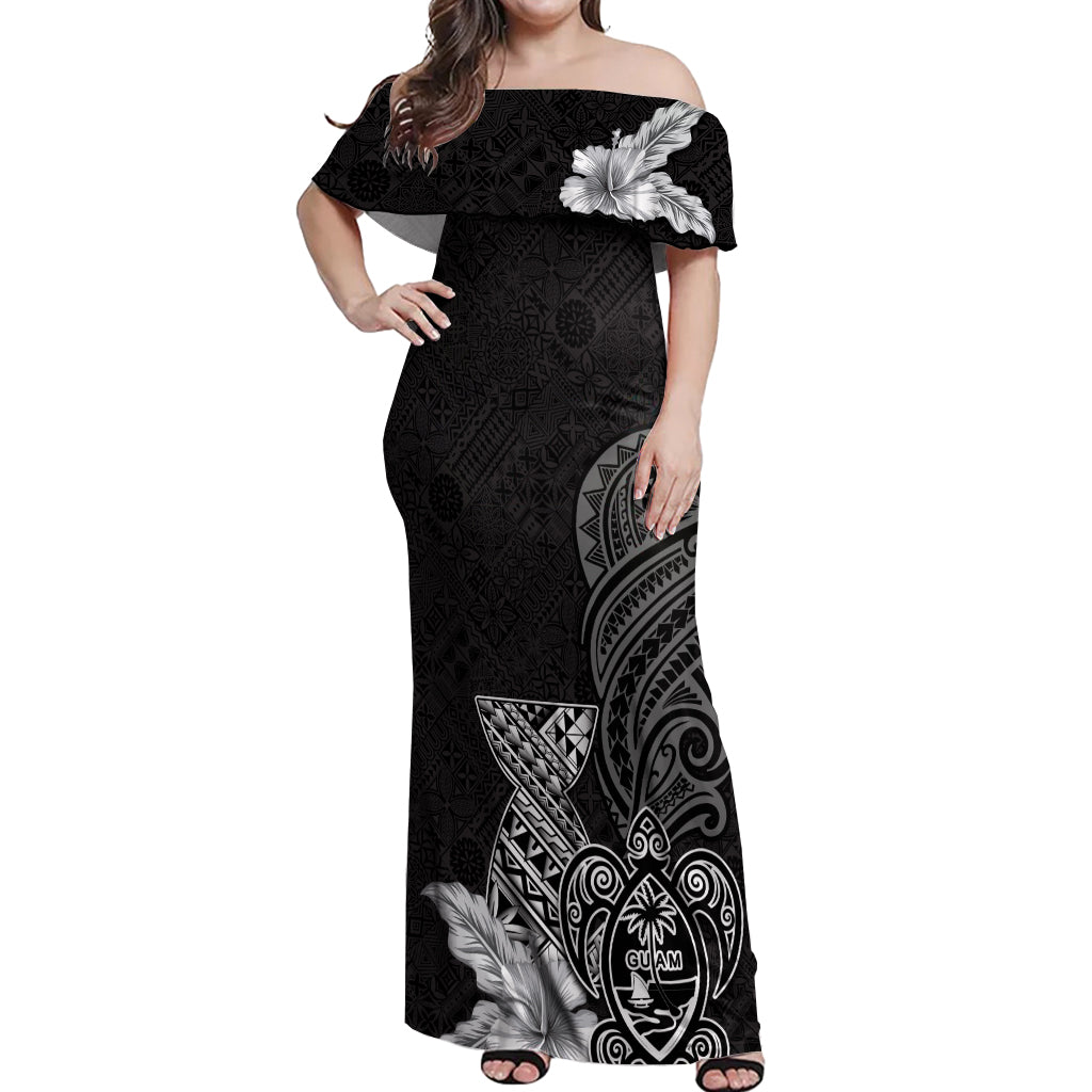 Guam Latte Stone Chamorro Culture Off Shoulder Maxi Dress Tapa Pattern LT03 Women Black - Polynesian Pride