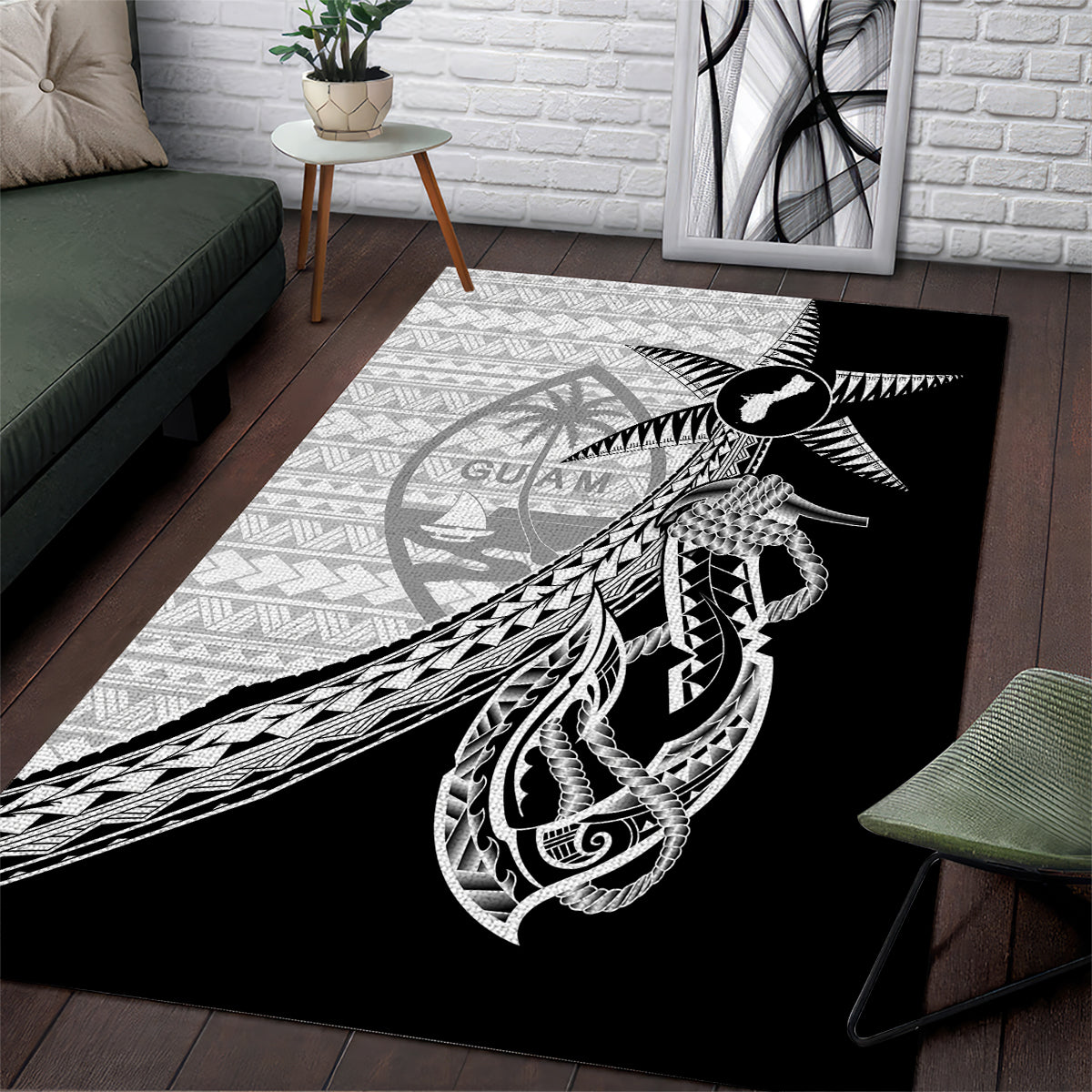 Guam Fish Hook and Palm Tree Area Rug Polynesian Pattern Half Style LT03 White - Polynesian Pride