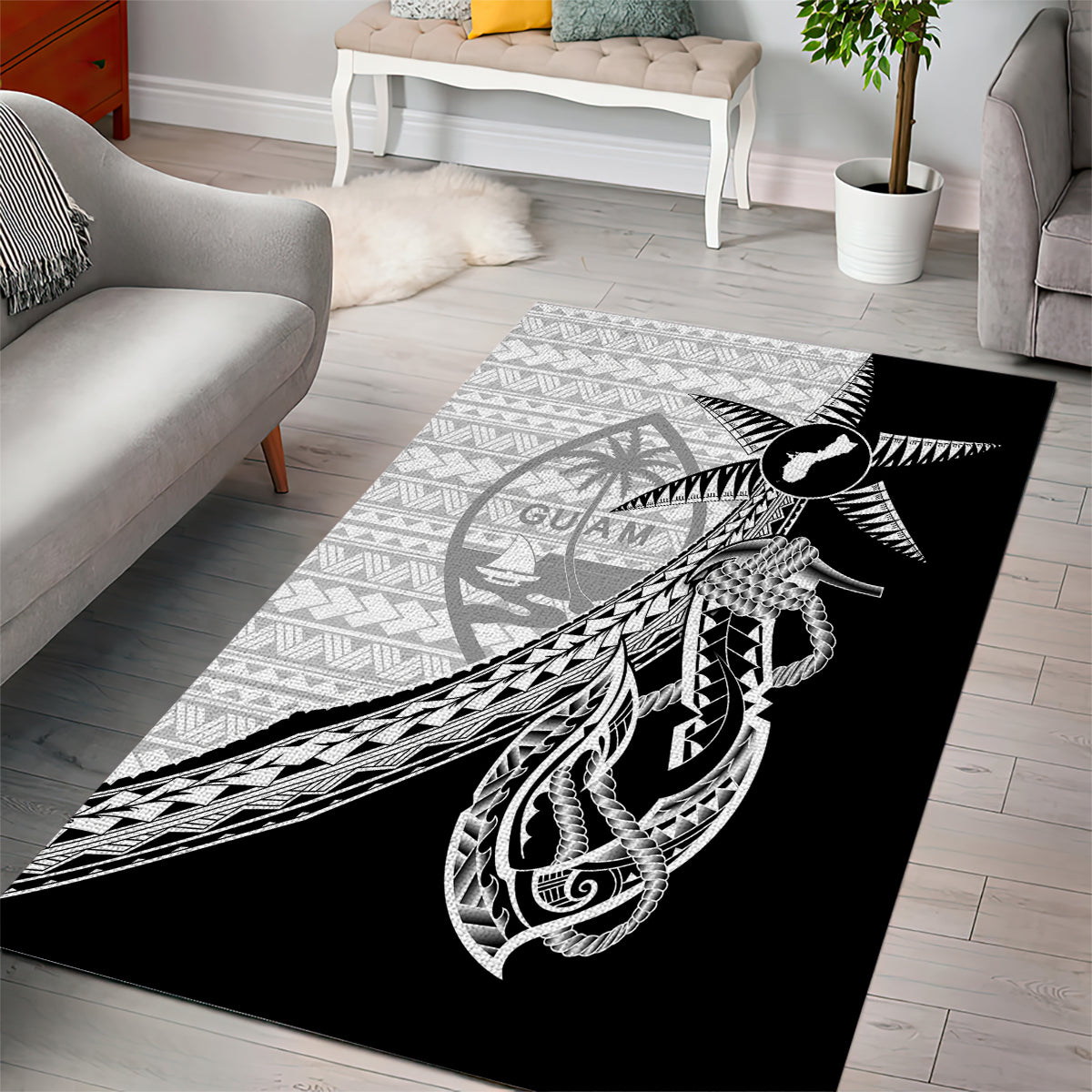 Guam Fish Hook and Palm Tree Area Rug Polynesian Pattern Half Style LT03 - Polynesian Pride