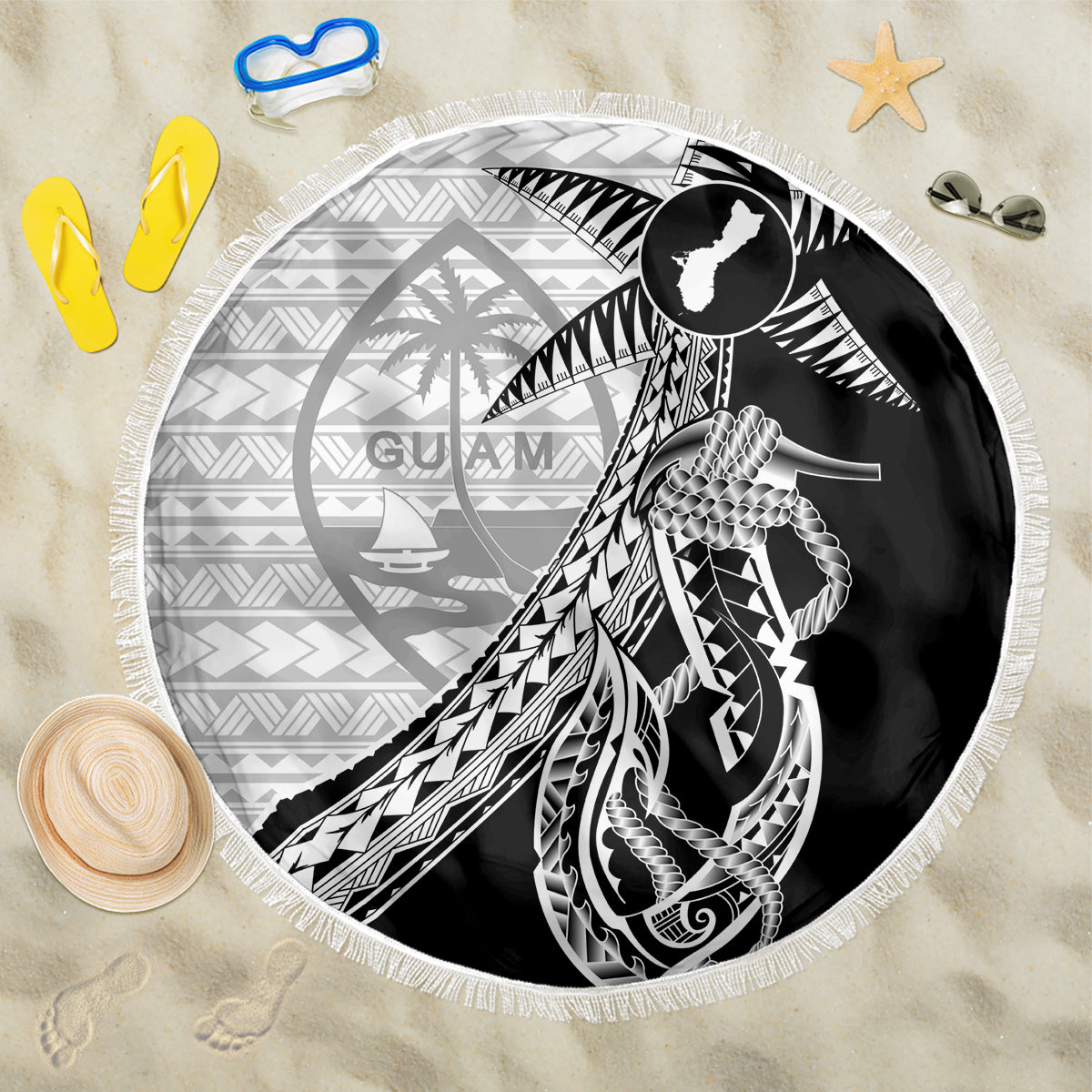 Guam Fish Hook and Palm Tree Beach Blanket Polynesian Pattern Half Style LT03 One Size 150cm White - Polynesian Pride