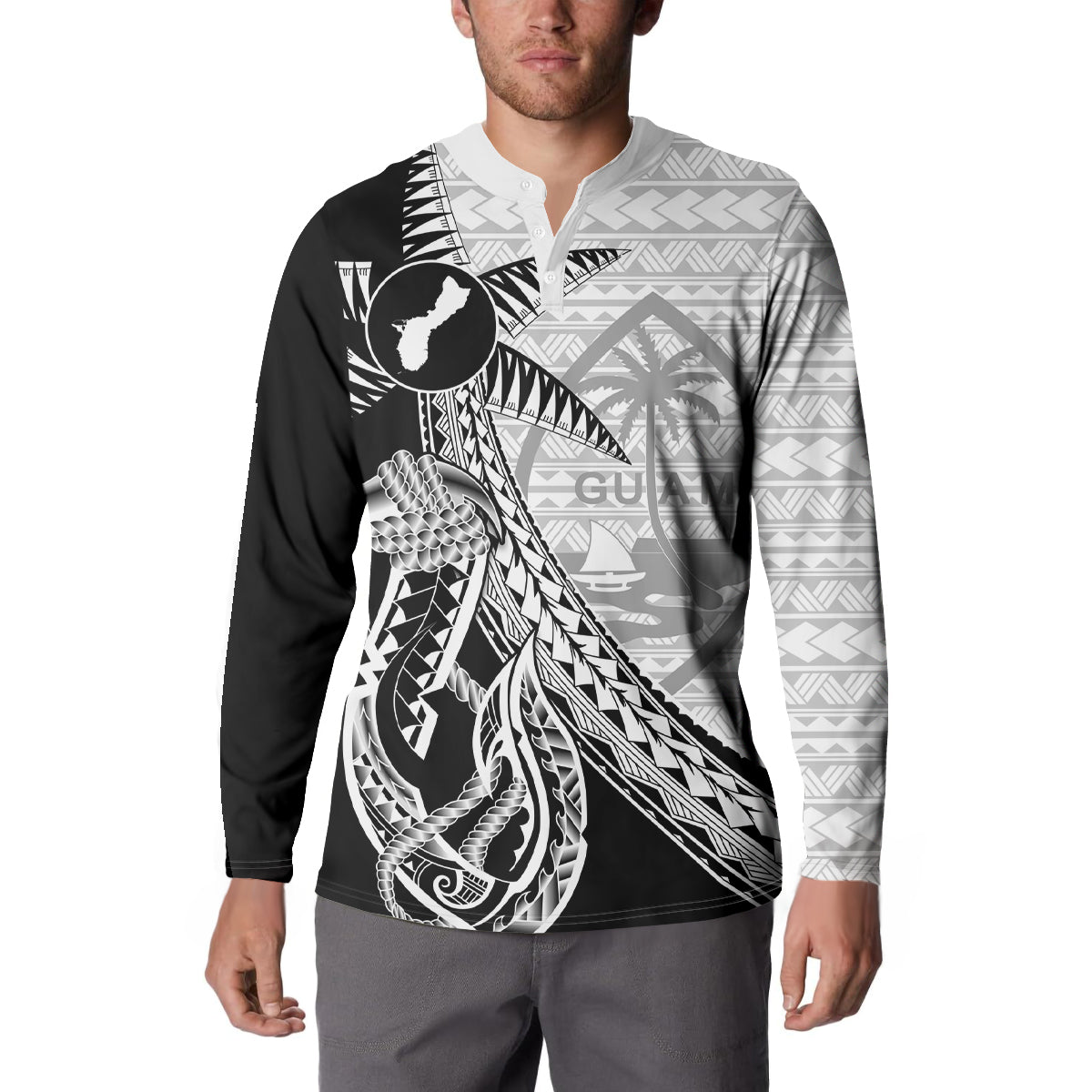 Guam Fish Hook and Palm Tree Button Sweatshirt Polynesian Pattern Half Style LT03 - Polynesian Pride