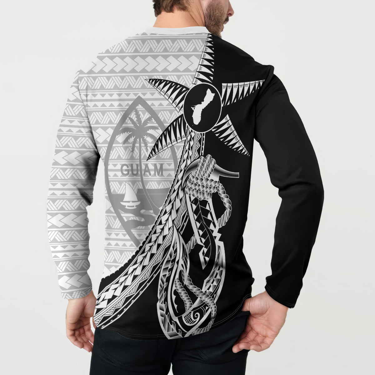 Guam Fish Hook and Palm Tree Button Sweatshirt Polynesian Pattern Half Style LT03 - Polynesian Pride