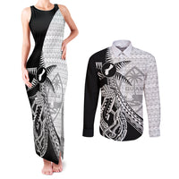 Guam Fish Hook and Palm Tree Couples Matching Tank Maxi Dress and Long Sleeve Button Shirt Polynesian Pattern Half Style LT03 White - Polynesian Pride