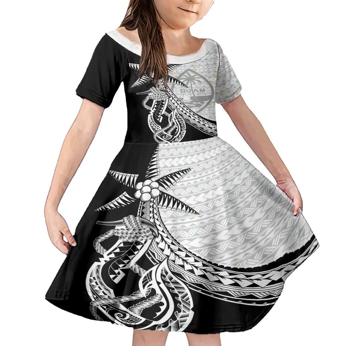 Guam Fish Hook and Palm Tree Kid Short Sleeve Dress Polynesian Pattern Half Style LT03 KID White - Polynesian Pride