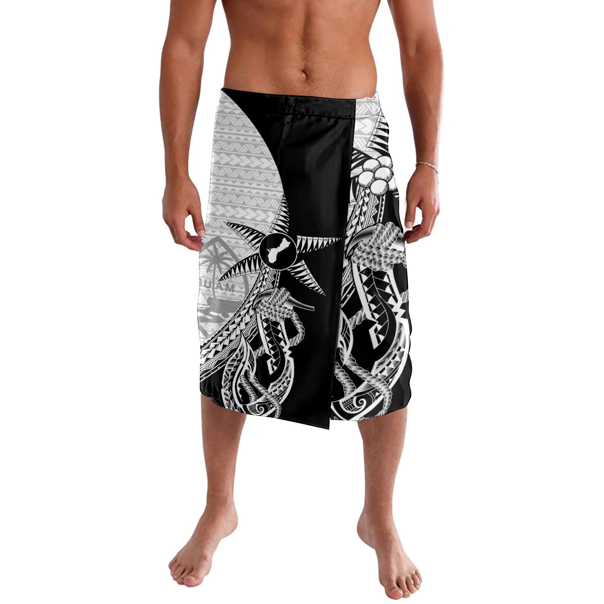 Guam Fish Hook and Palm Tree Lavalava Polynesian Pattern Half Style LT03 White - Polynesian Pride