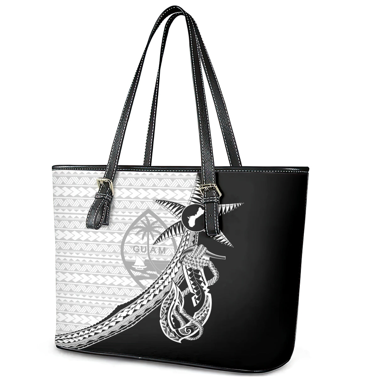 Guam Fish Hook and Palm Tree Leather Tote Bag Polynesian Pattern Half Style LT03 - Polynesian Pride