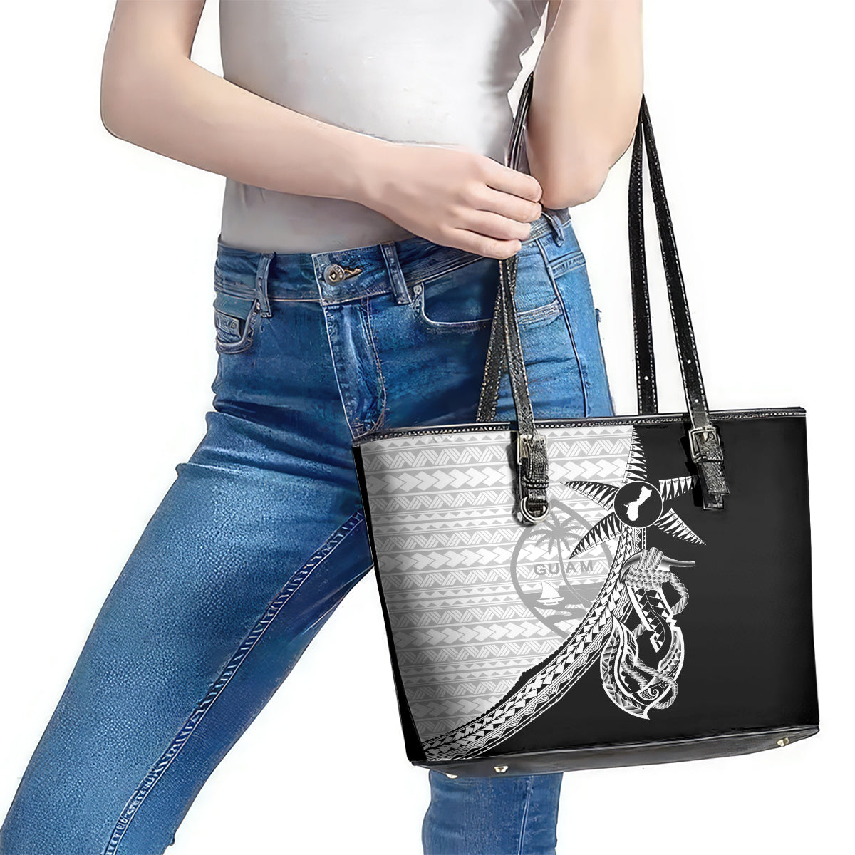Guam Fish Hook and Palm Tree Leather Tote Bag Polynesian Pattern Half Style LT03 - Polynesian Pride