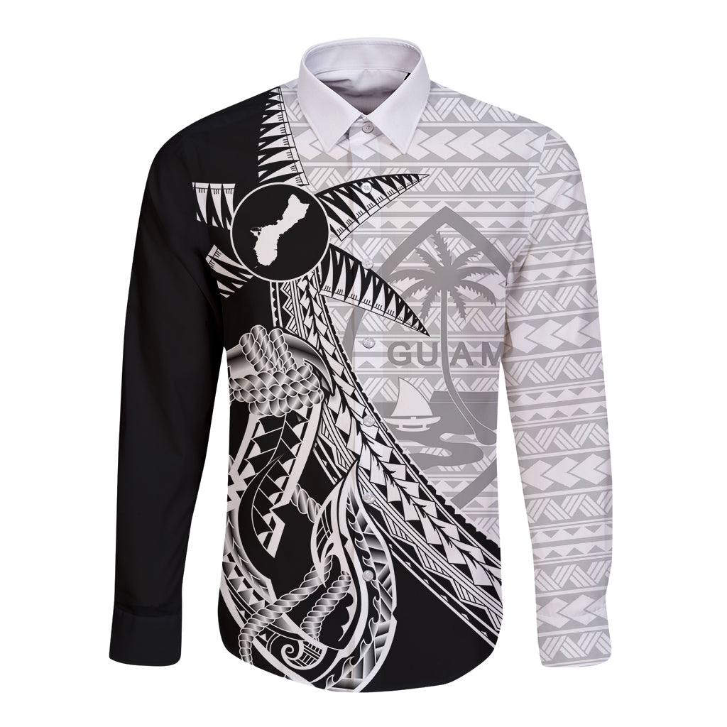 Guam Fish Hook and Palm Tree Long Sleeve Button Shirt Polynesian Pattern Half Style LT03 Unisex White - Polynesian Pride