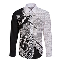 Guam Fish Hook and Palm Tree Long Sleeve Button Shirt Polynesian Pattern Half Style LT03 Unisex White - Polynesian Pride