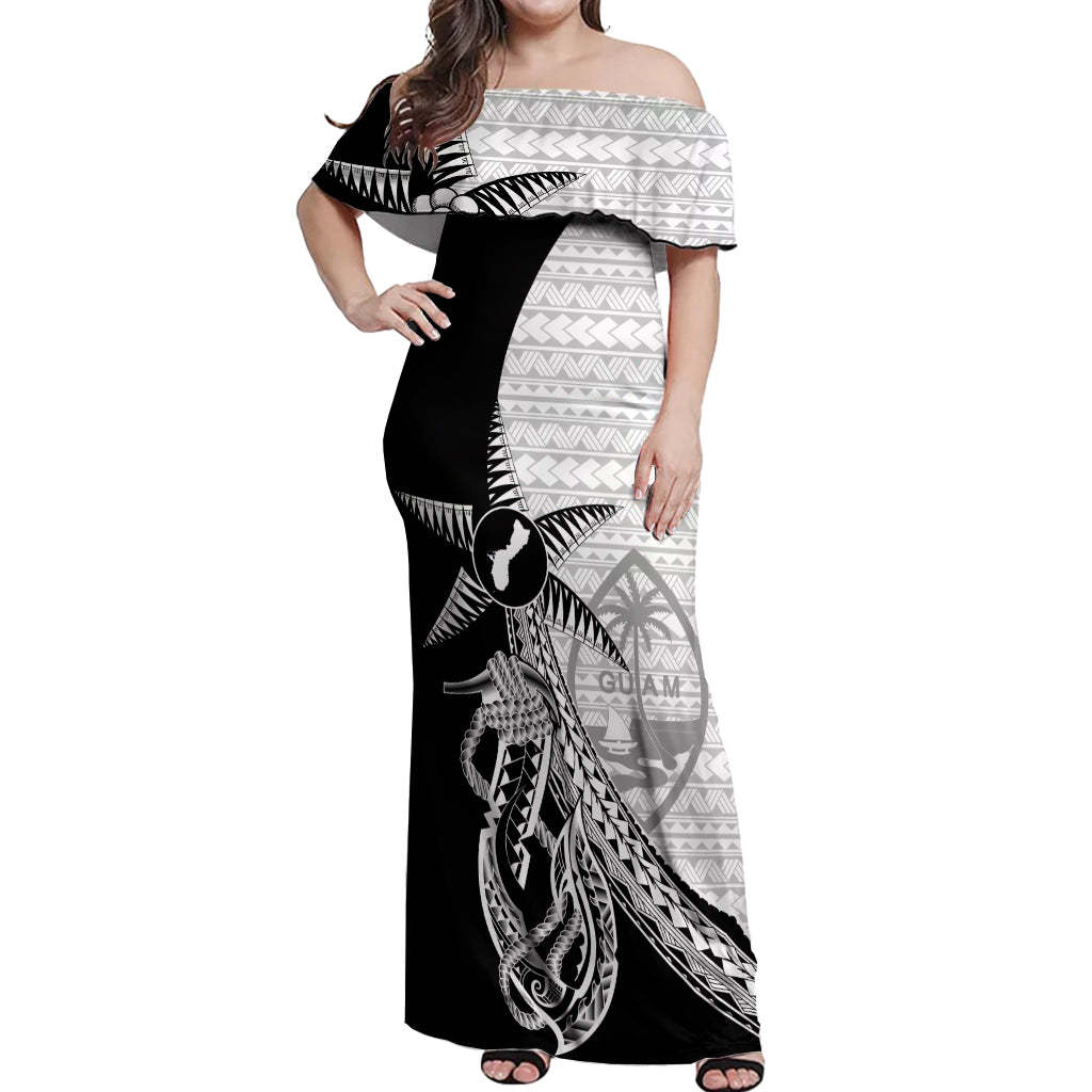 Guam Fish Hook and Palm Tree Off Shoulder Maxi Dress Polynesian Pattern Half Style LT03 Women White - Polynesian Pride