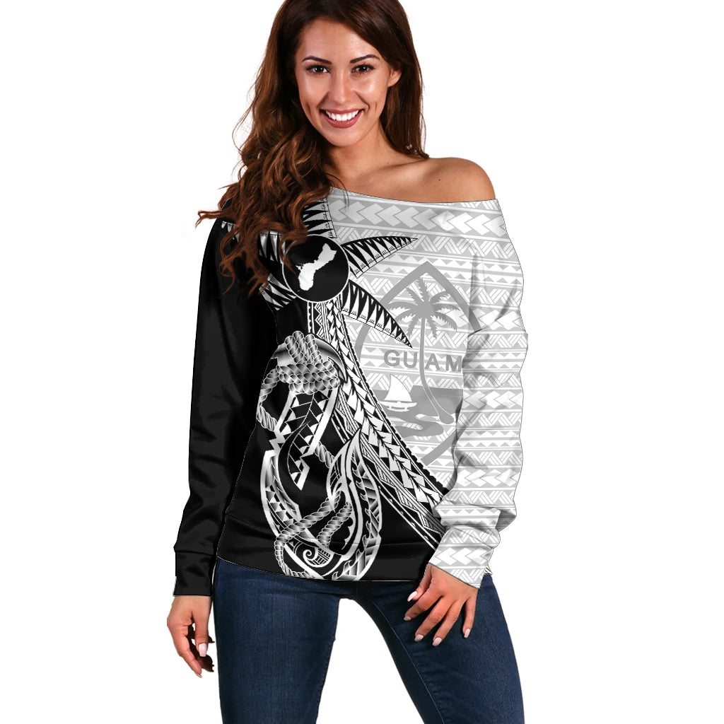 Guam Fish Hook and Palm Tree Off Shoulder Sweater Polynesian Pattern Half Style LT03 Women White - Polynesian Pride