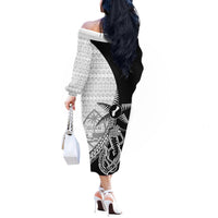 Guam Fish Hook and Palm Tree Off The Shoulder Long Sleeve Dress Polynesian Pattern Half Style LT03 - Polynesian Pride
