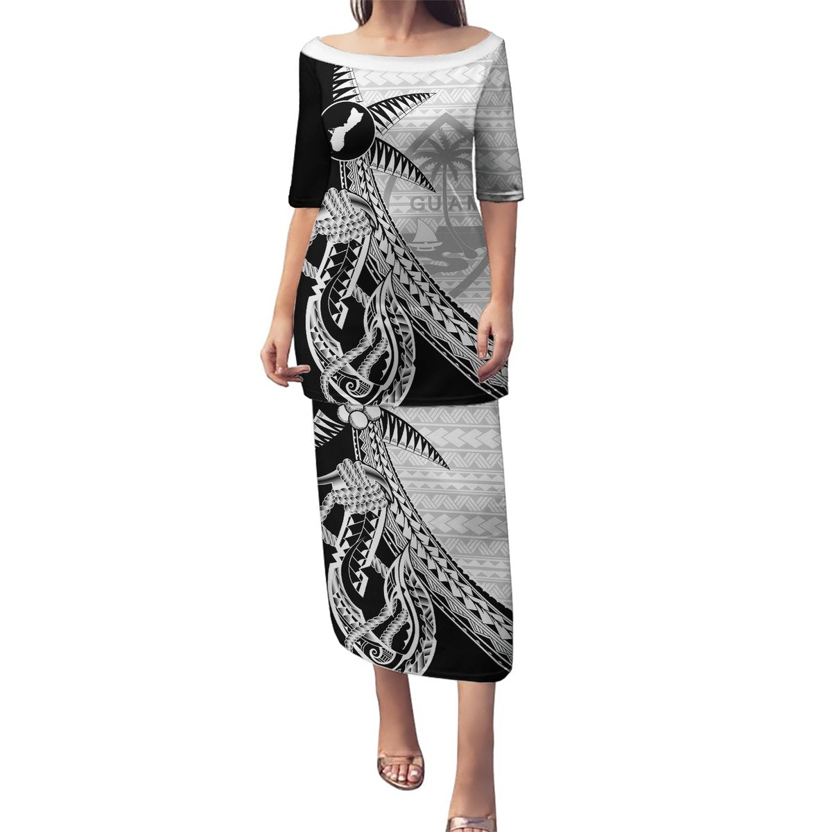 Guam Fish Hook and Palm Tree Puletasi Polynesian Pattern Half Style LT03 Long Dress White - Polynesian Pride