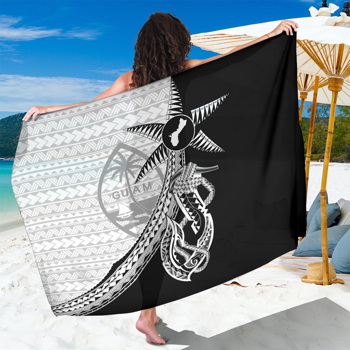 Guam Fish Hook and Palm Tree Sarong Polynesian Pattern Half Style LT03 One Size 44 x 66 inches White - Polynesian Pride