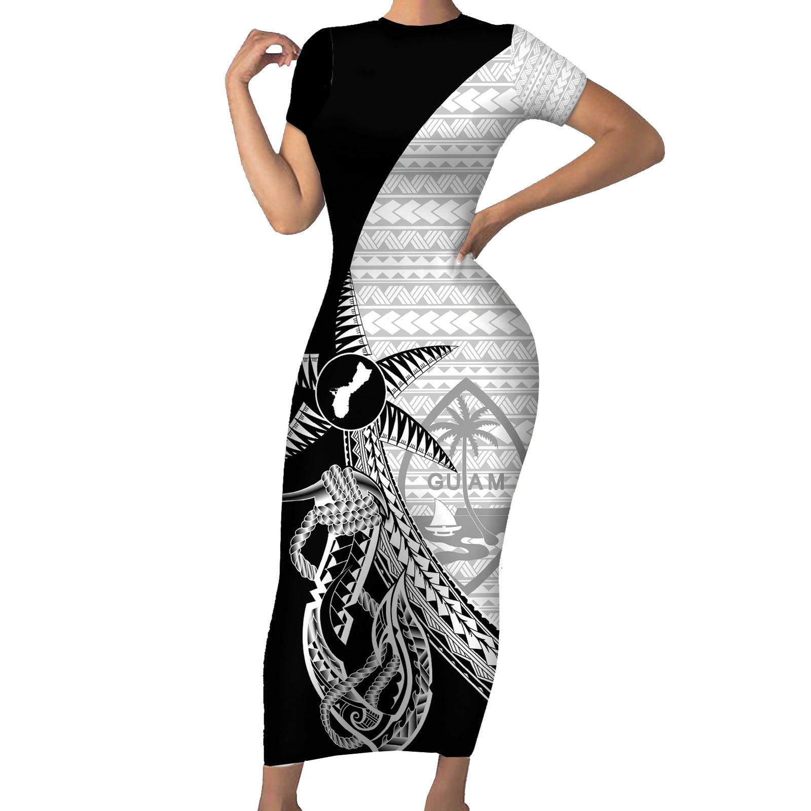 Guam Fish Hook and Palm Tree Short Sleeve Bodycon Dress Polynesian Pattern Half Style LT03 Long Dress White - Polynesian Pride