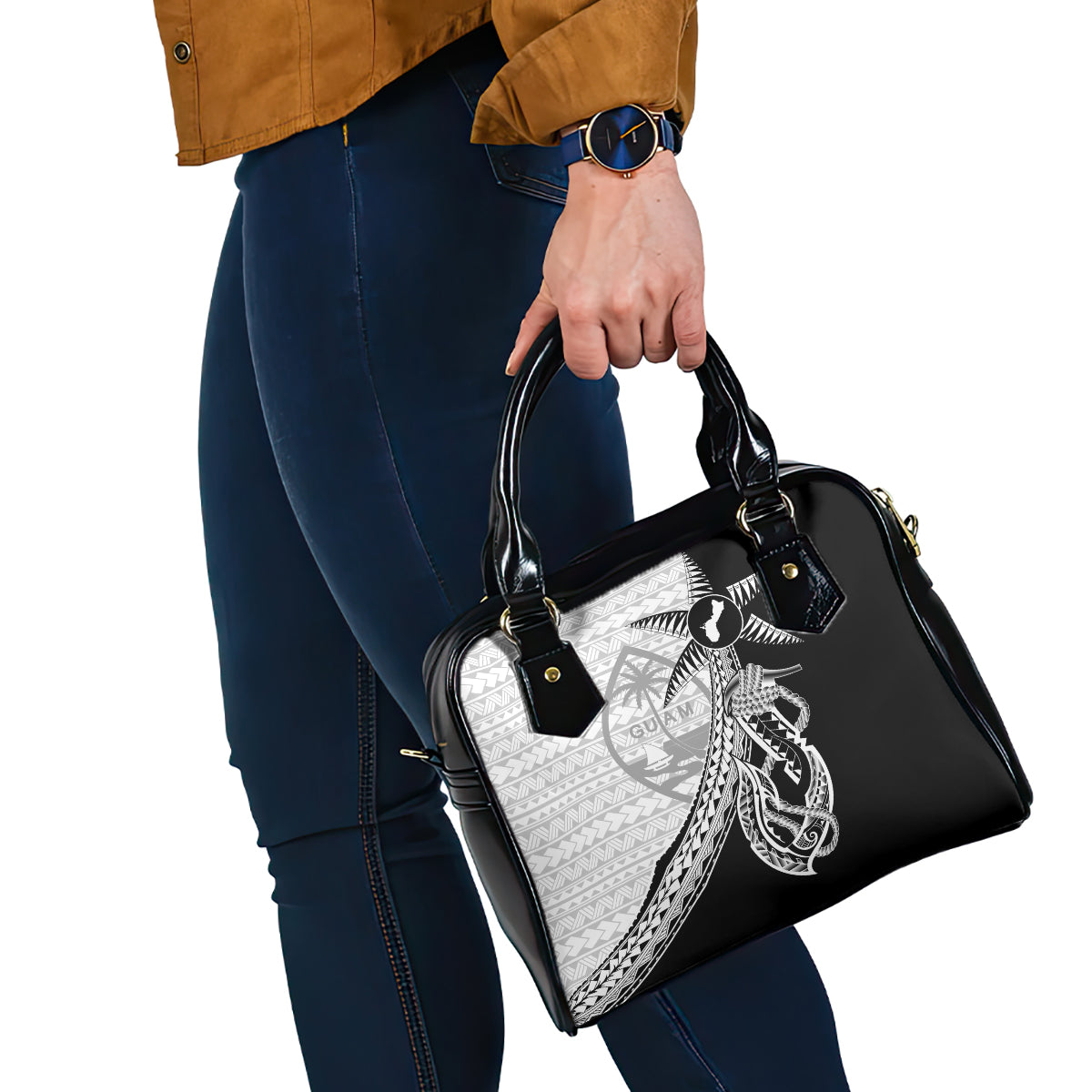 Guam Fish Hook and Palm Tree Shoulder Handbag Polynesian Pattern Half Style LT03 - Polynesian Pride