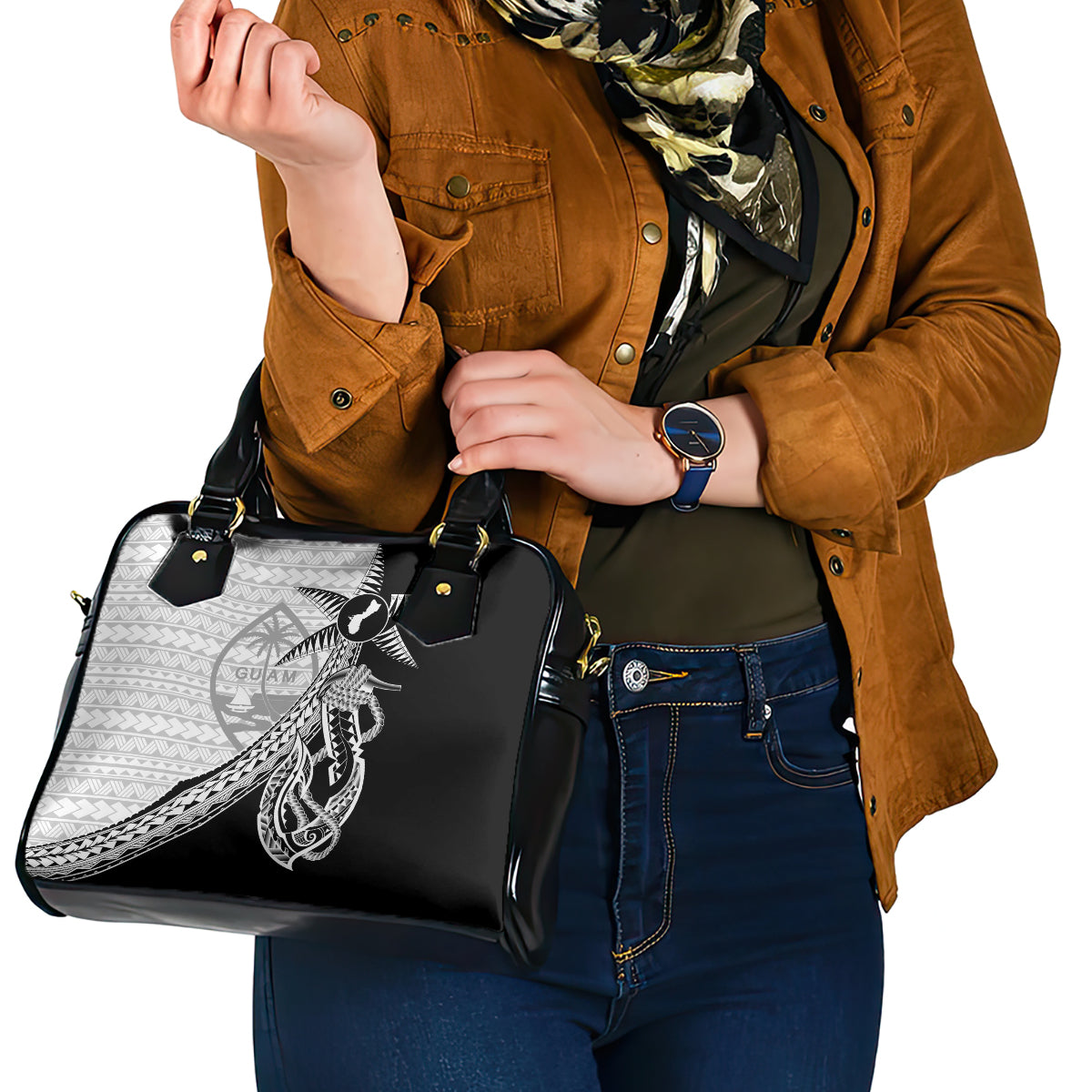 Guam Fish Hook and Palm Tree Shoulder Handbag Polynesian Pattern Half Style LT03 - Polynesian Pride