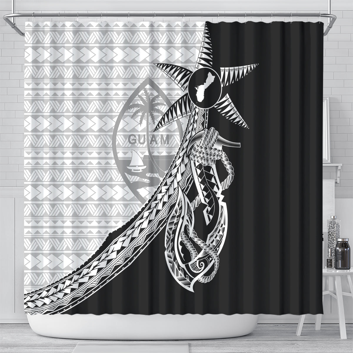 Guam Fish Hook and Palm Tree Shower Curtain Polynesian Pattern Half Style LT03 - Polynesian Pride