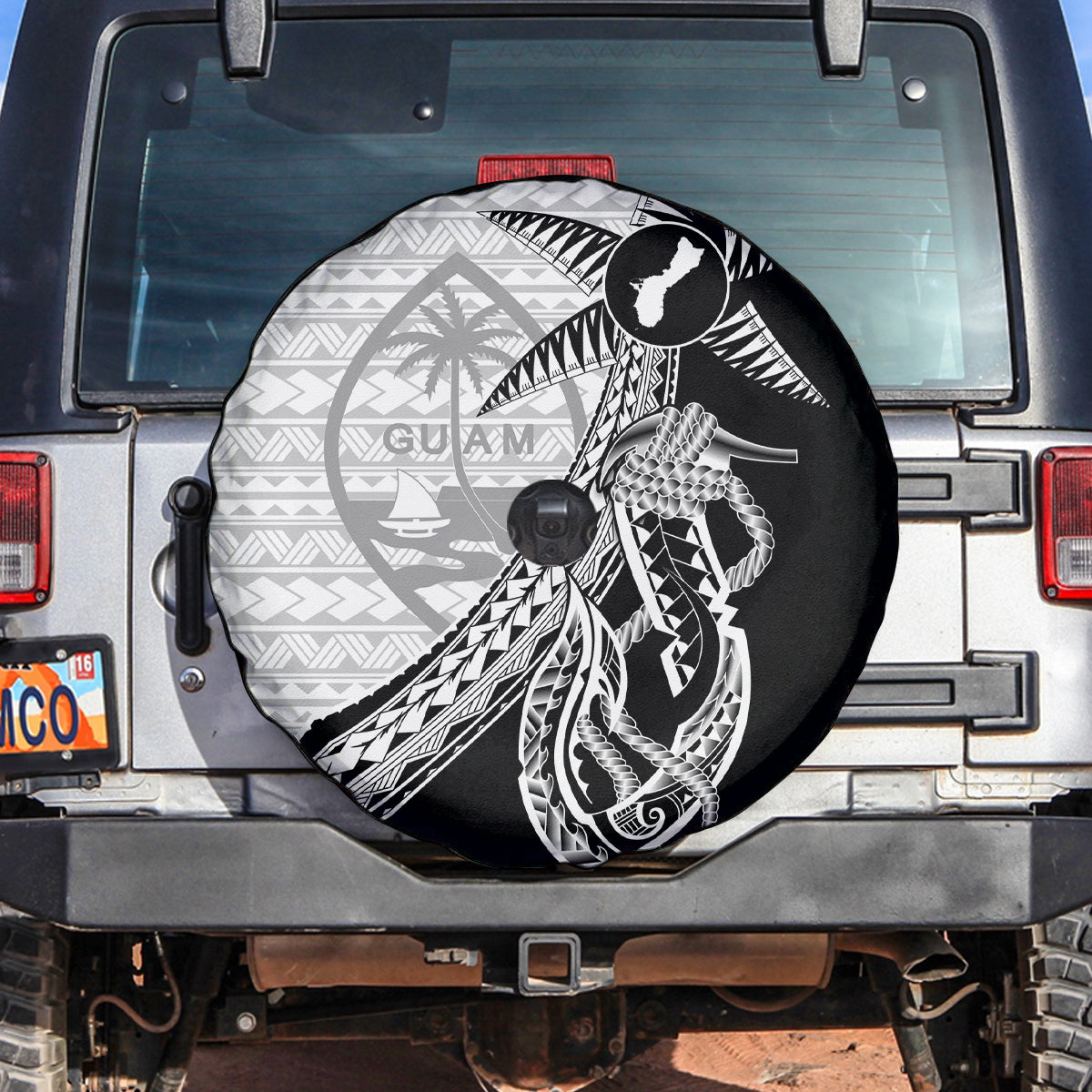 Guam Fish Hook and Palm Tree Spare Tire Cover Polynesian Pattern Half Style LT03 White - Polynesian Pride