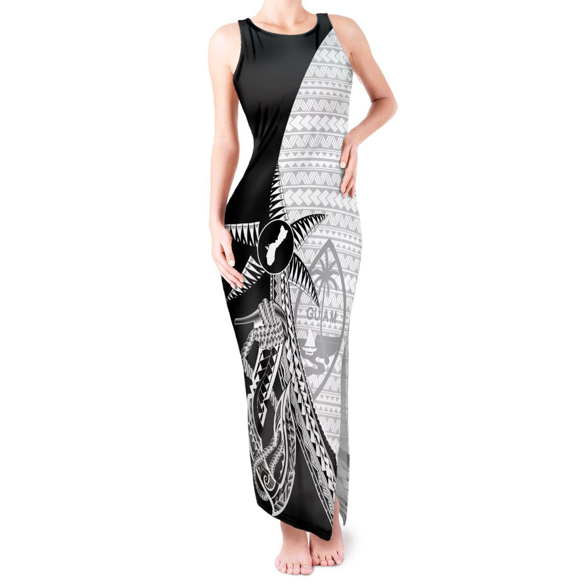 Guam Fish Hook and Palm Tree Tank Maxi Dress Polynesian Pattern Half Style LT03 Women White - Polynesian Pride