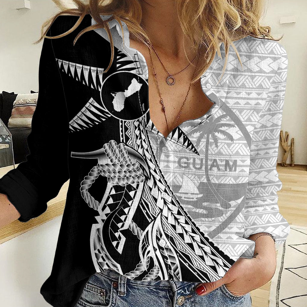 Guam Fish Hook and Palm Tree Women Casual Shirt Polynesian Pattern Half Style LT03 Female White - Polynesian Pride