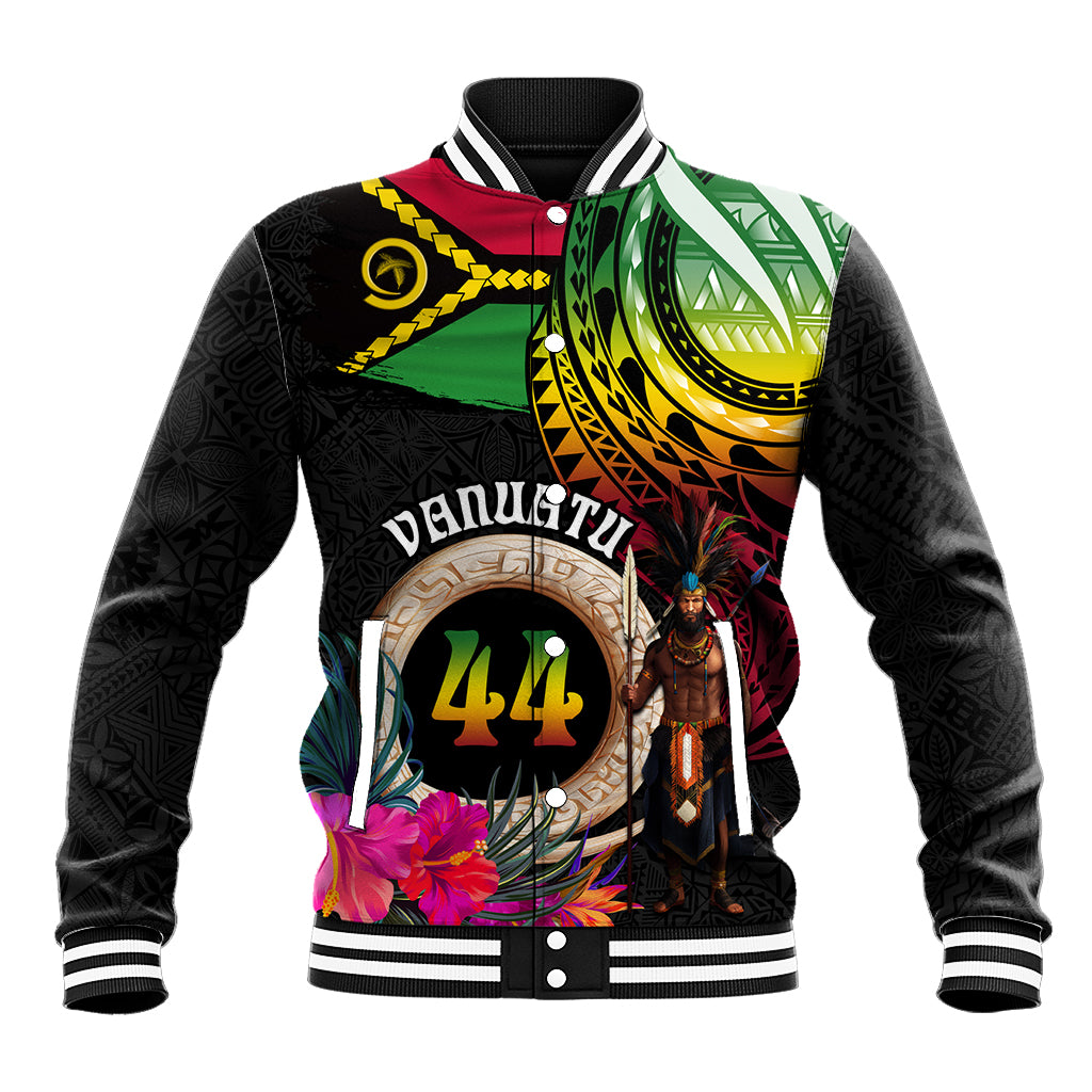 Personalised Vanuatu 44th Anniversary Baseball Jacket Boars Tusk and Melanesian Warrior Indipendens Dei LT03 Unisex Black - Polynesian Pride
