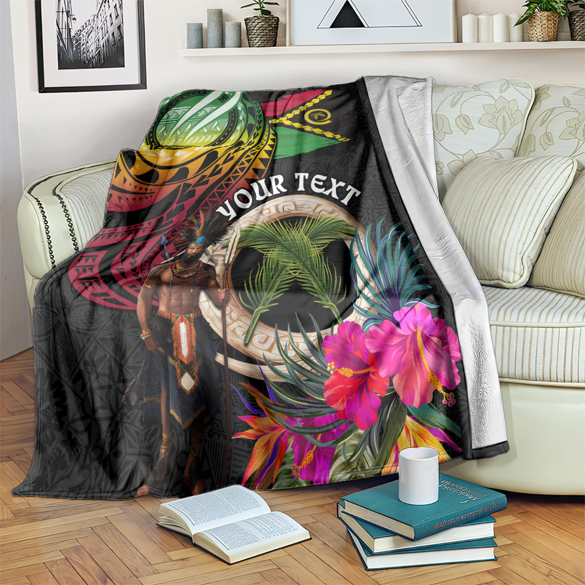 Personalised Vanuatu 44th Anniversary Blanket Boars Tusk and Melanesian Warrior Indipendens Dei LT03 Black - Polynesian Pride