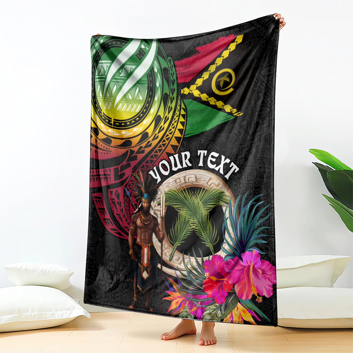 Personalised Vanuatu 44th Anniversary Blanket Boars Tusk and Melanesian Warrior Indipendens Dei LT03 - Polynesian Pride