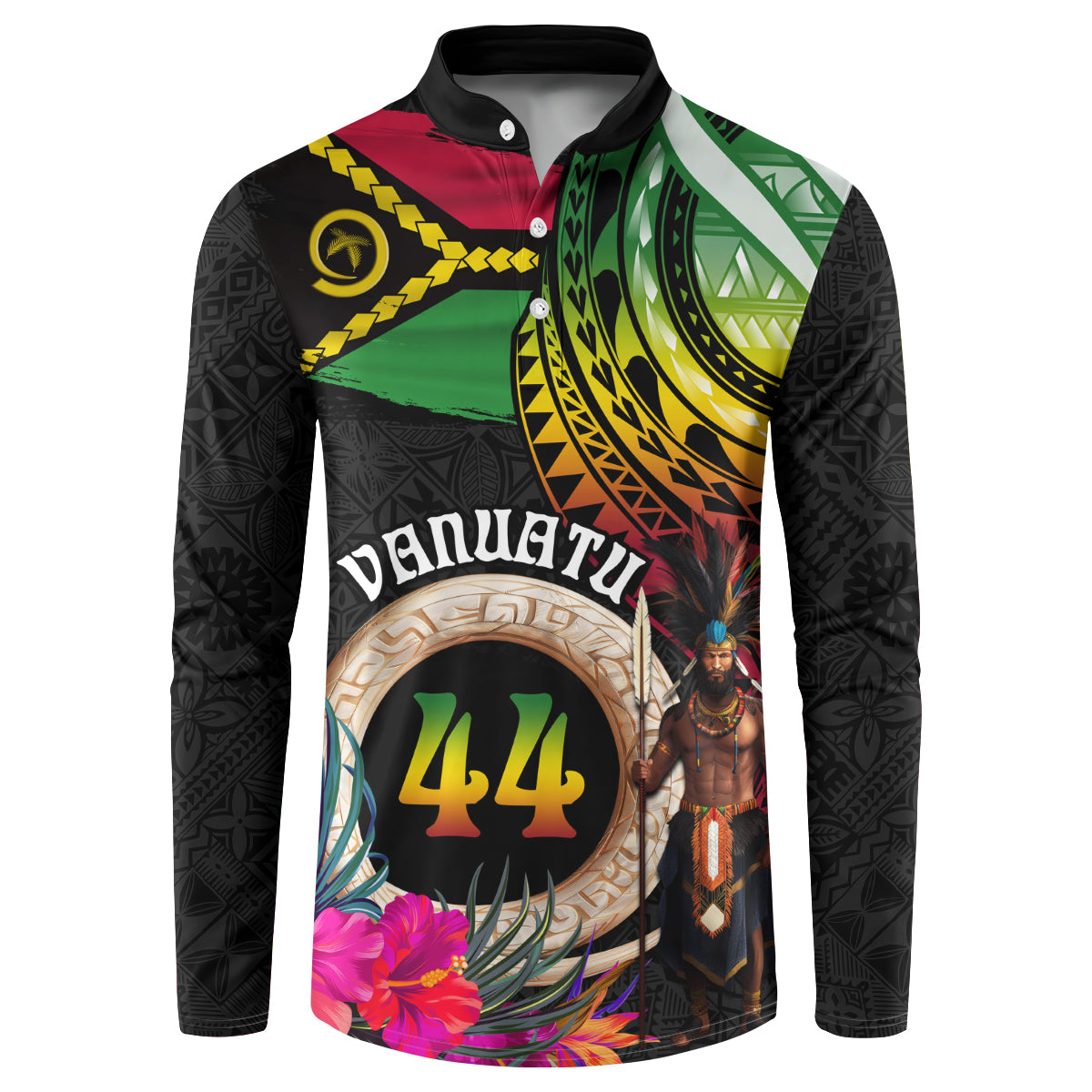 Personalised Vanuatu 44th Anniversary Button Sweatshirt Boars Tusk and Melanesian Warrior Indipendens Dei LT03 Black - Polynesian Pride