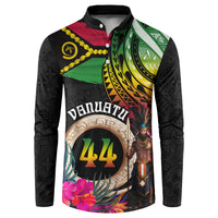 Personalised Vanuatu 44th Anniversary Button Sweatshirt Boars Tusk and Melanesian Warrior Indipendens Dei LT03 Black - Polynesian Pride