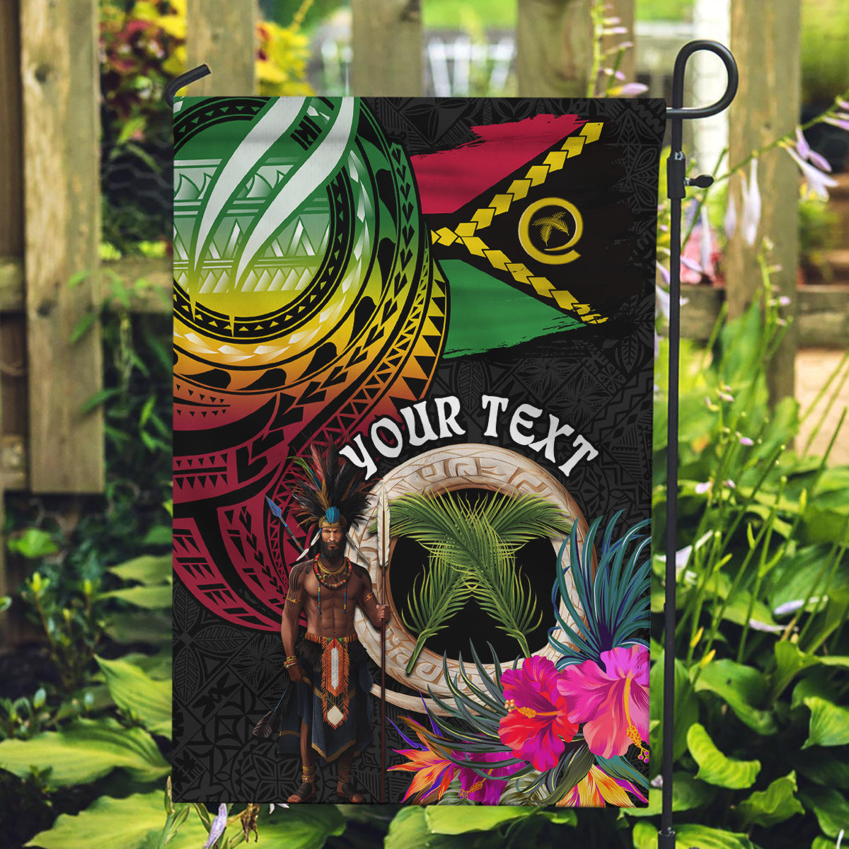 Personalised Vanuatu 44th Anniversary Garden Flag Boars Tusk and Melanesian Warrior Indipendens Dei LT03 Garden Flag Black - Polynesian Pride