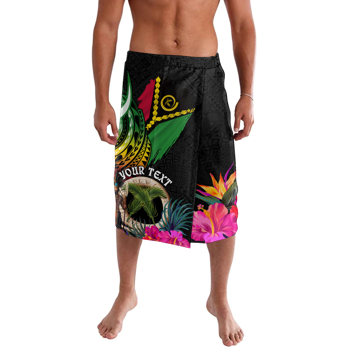 Personalised Vanuatu 44th Anniversary Lavalava Boars Tusk and Melanesian Warrior Indipendens Dei LT03 Black - Polynesian Pride