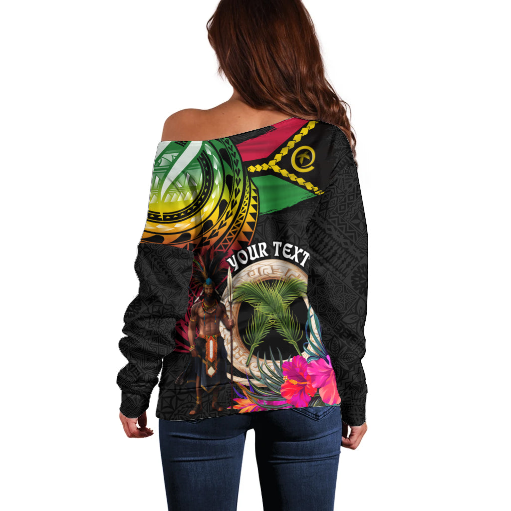 Personalised Vanuatu 44th Anniversary Off Shoulder Sweater Boars Tusk and Melanesian Warrior Indipendens Dei LT03 - Polynesian Pride