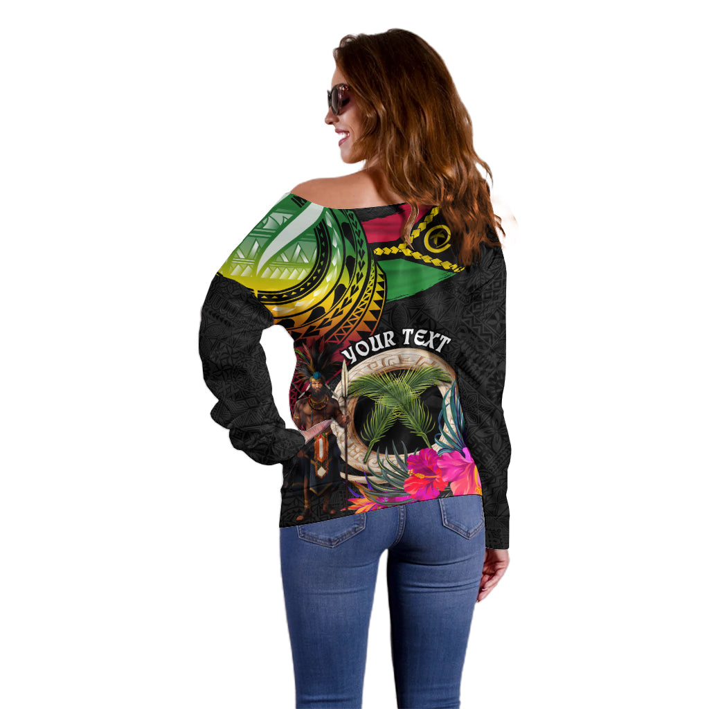Personalised Vanuatu 44th Anniversary Off Shoulder Sweater Boars Tusk and Melanesian Warrior Indipendens Dei LT03 - Polynesian Pride