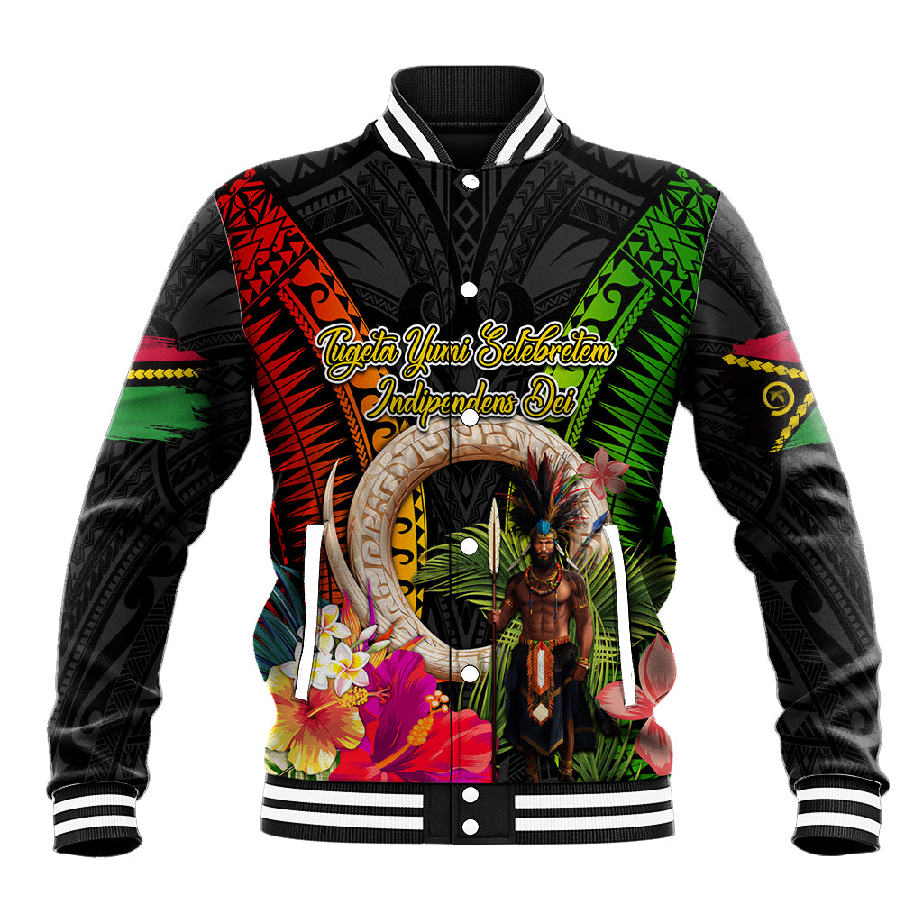 Vanuatu Independence Day Baseball Jacket Boars Tusk and Melanesian Warrior Indipendens Dei LT03 Unisex Black - Polynesian Pride