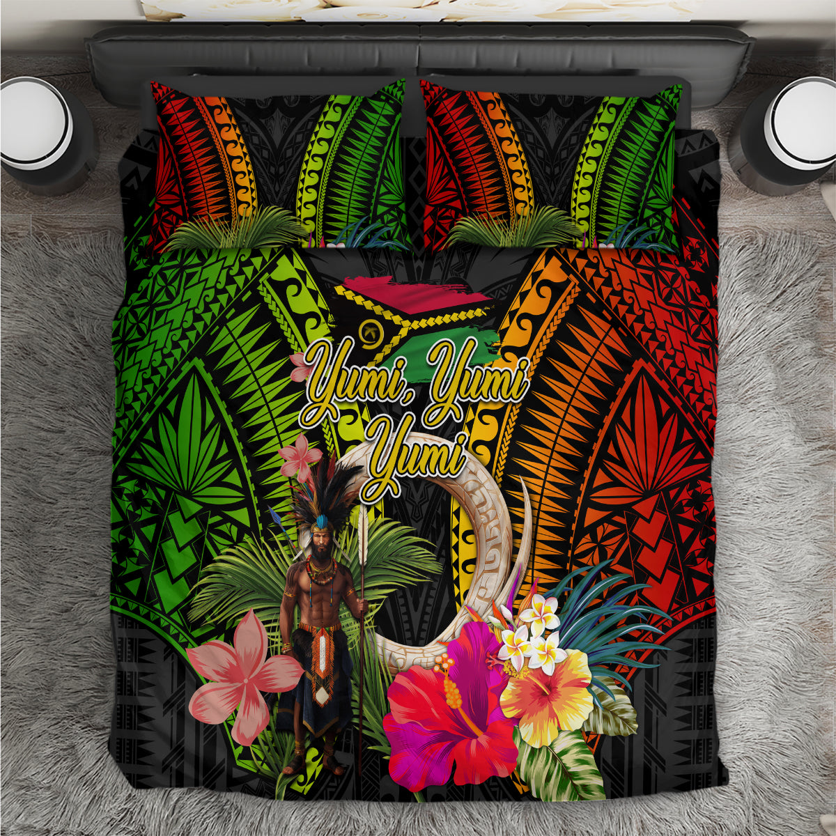 Vanuatu Independence Day Bedding Set Boars Tusk and Melanesian Warrior Indipendens Dei LT03 Black - Polynesian Pride