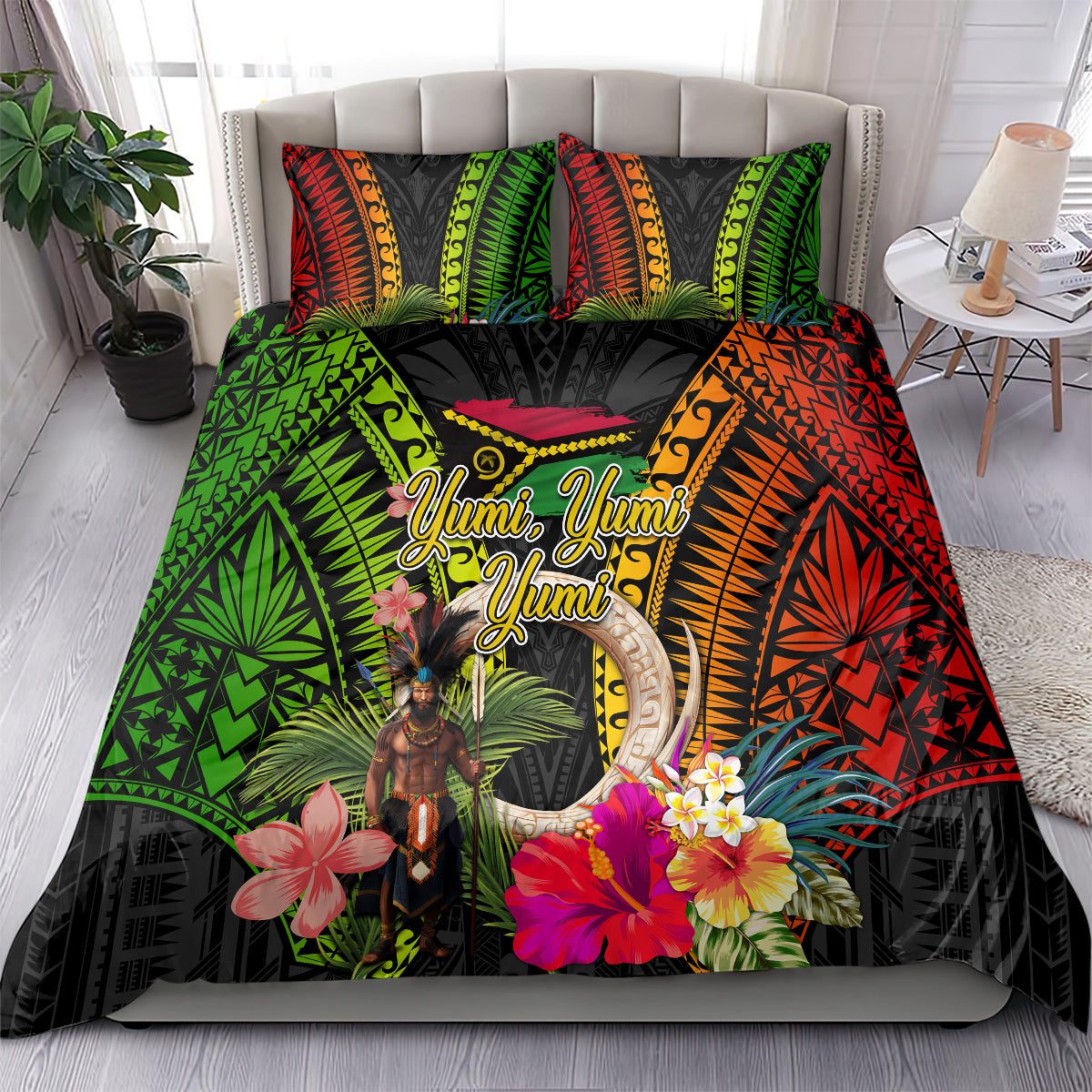 Vanuatu Independence Day Bedding Set Boars Tusk and Melanesian Warrior Indipendens Dei LT03 - Polynesian Pride