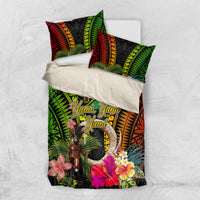 Vanuatu Independence Day Bedding Set Boars Tusk and Melanesian Warrior Indipendens Dei LT03 US Twin 172cm x 218cm Black - Polynesian Pride