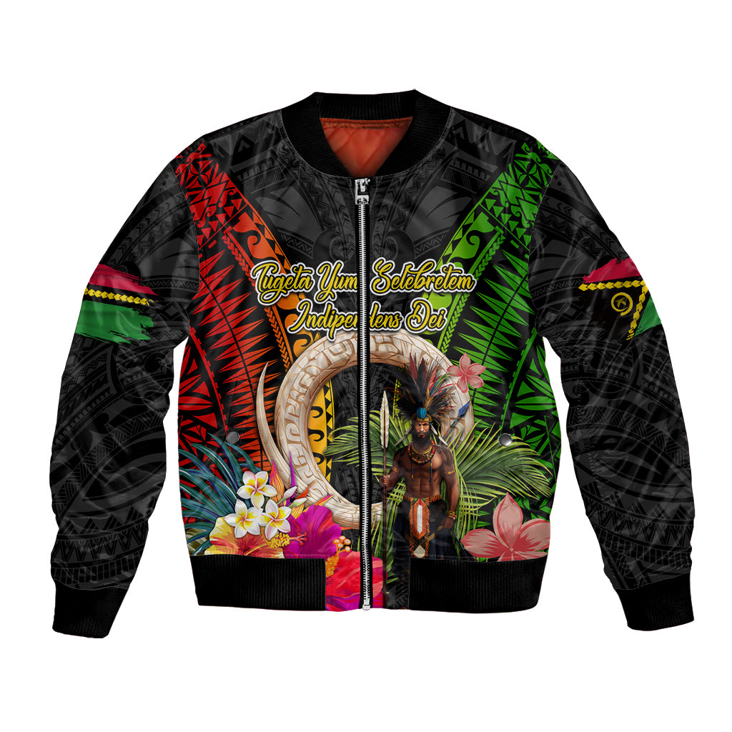 Vanuatu Independence Day Bomber Jacket Boars Tusk and Melanesian Warrior Indipendens Dei LT03 Unisex Black - Polynesian Pride