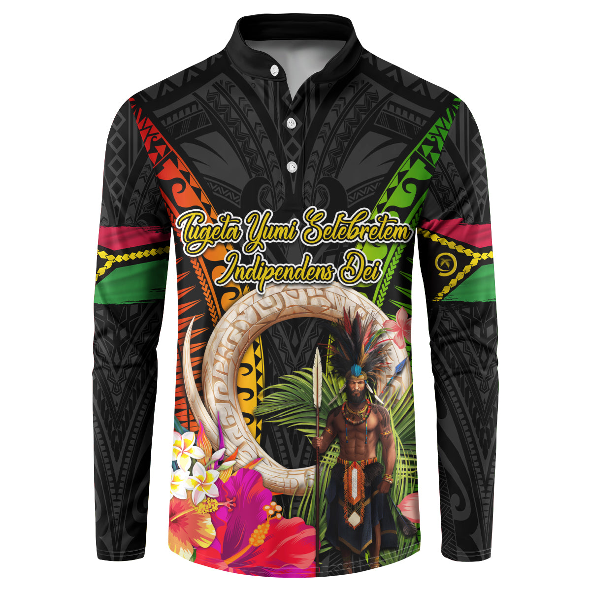 Vanuatu Independence Day Button Sweatshirt Boars Tusk and Melanesian Warrior Indipendens Dei LT03 Black - Polynesian Pride
