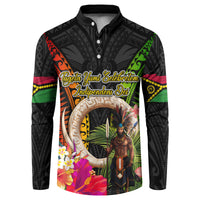 Vanuatu Independence Day Button Sweatshirt Boars Tusk and Melanesian Warrior Indipendens Dei LT03 Black - Polynesian Pride